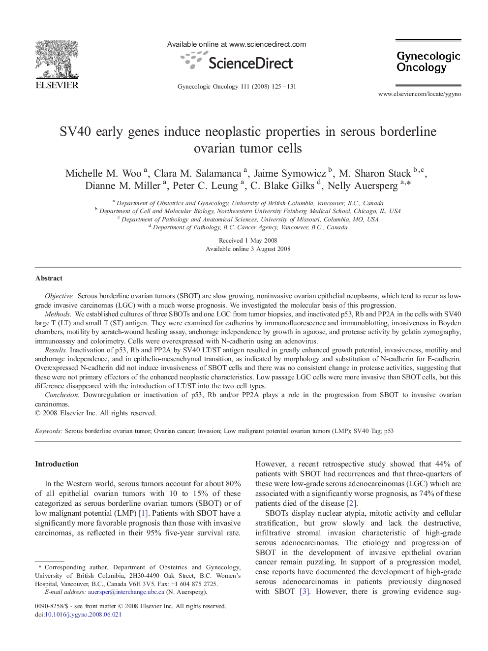 SV40 early genes induce neoplastic properties in serous borderline ovarian tumor cells