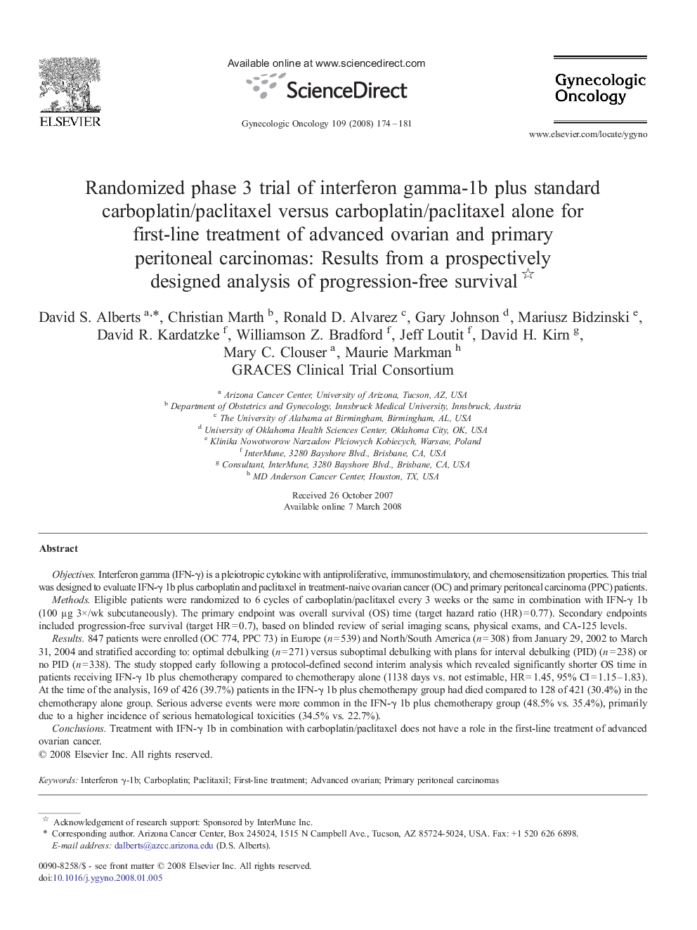 Randomized phase 3 trial of interferon gamma-1b plus standard carboplatin/paclitaxel versus carboplatin/paclitaxel alone for first-line treatment of advanced ovarian and primary peritoneal carcinomas: Results from a prospectively designed analysis of prog