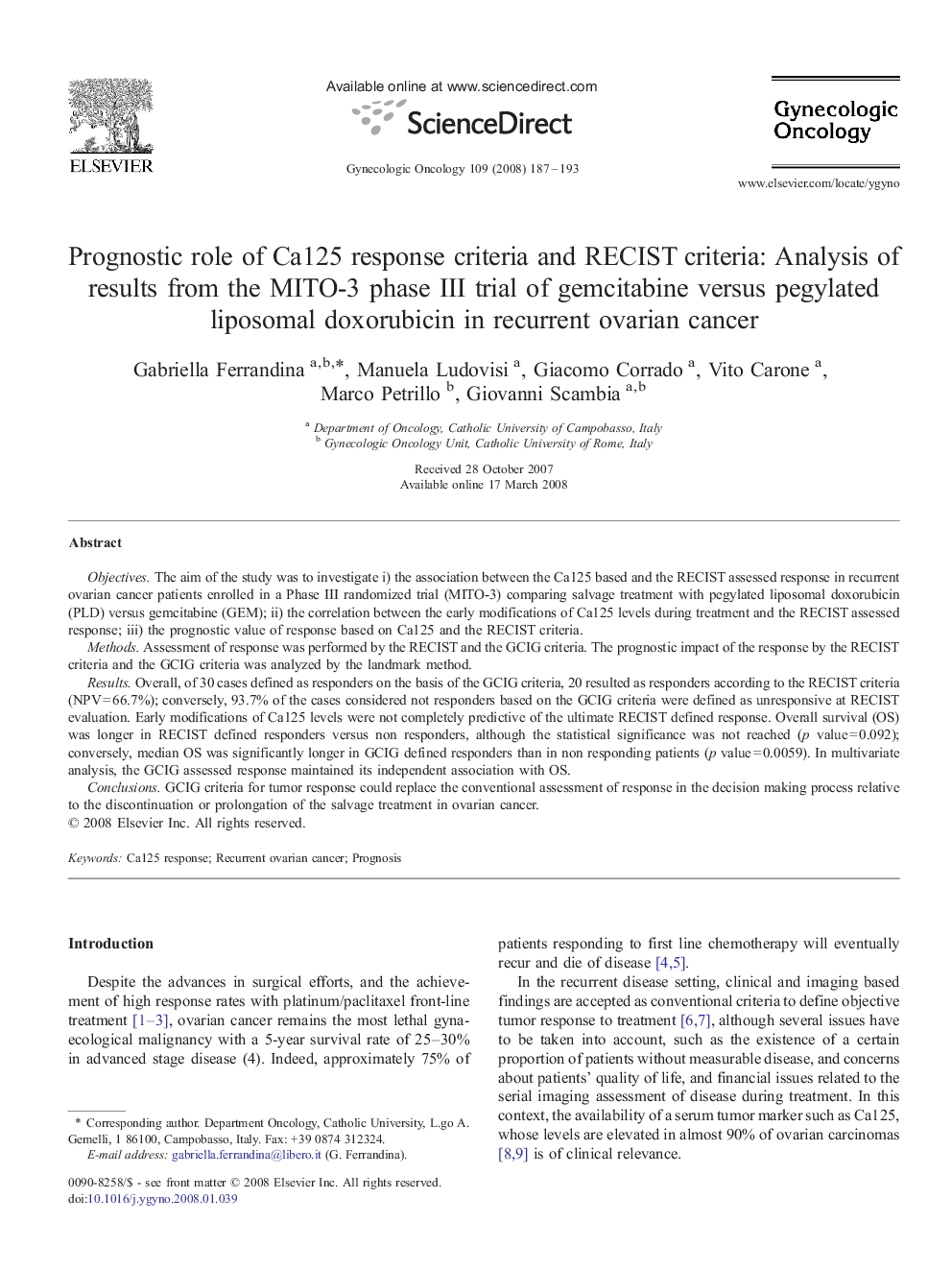 Prognostic role of Ca125 response criteria and RECIST criteria: Analysis of results from the MITO-3 phase III trial of gemcitabine versus pegylated liposomal doxorubicin in recurrent ovarian cancer