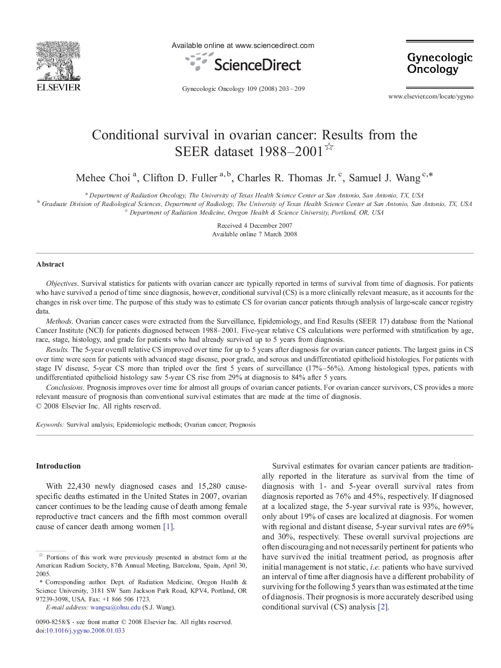 Conditional survival in ovarian cancer: Results from the SEER dataset 1988–2001 