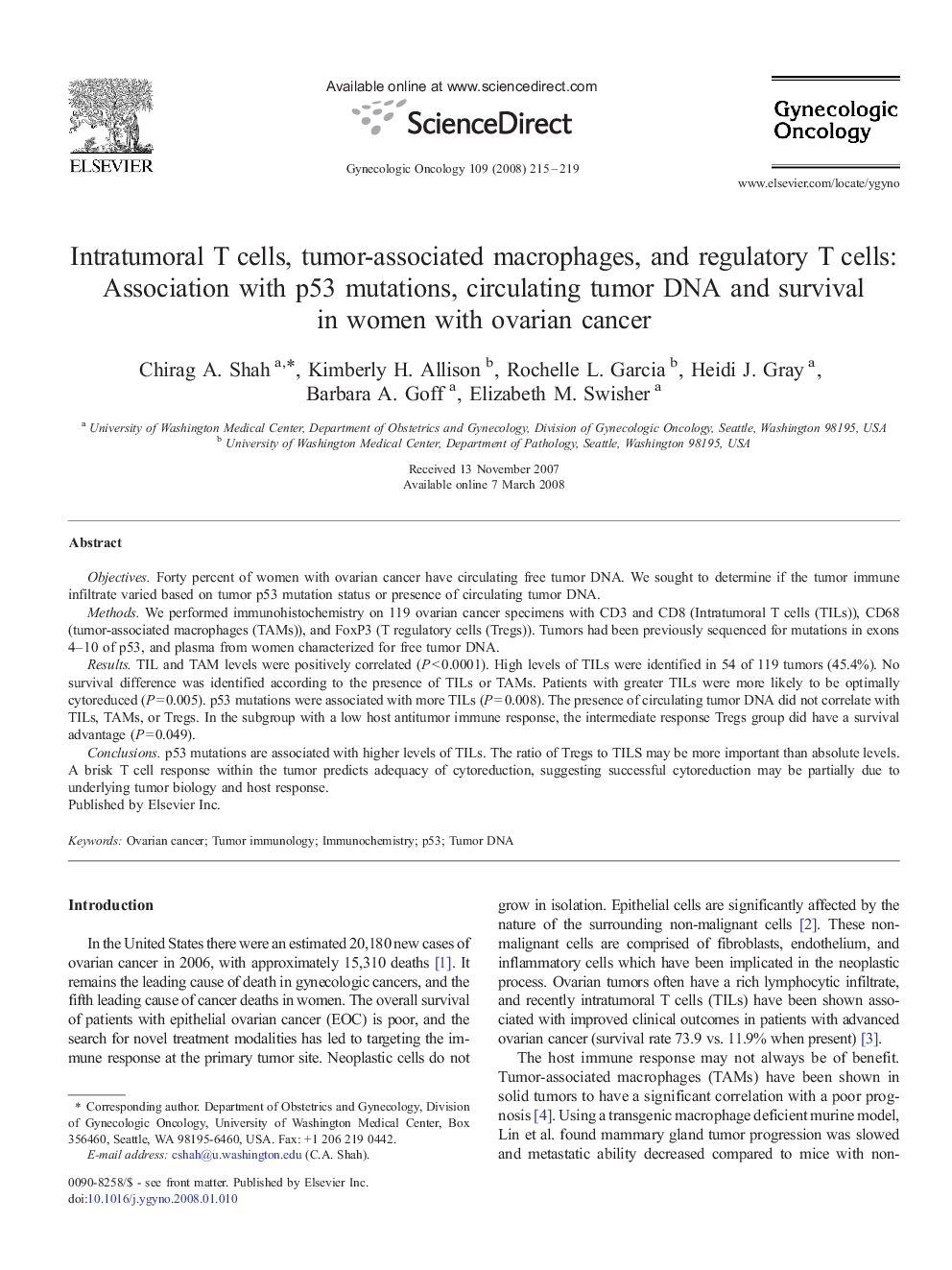 Intratumoral T cells, tumor-associated macrophages, and regulatory T cells: Association with p53 mutations, circulating tumor DNA and survival in women with ovarian cancer