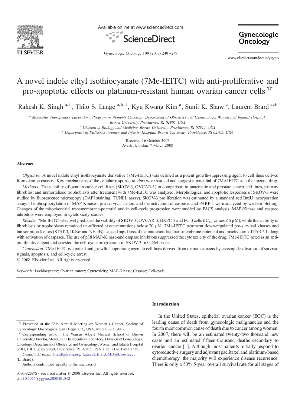 A novel indole ethyl isothiocyanate (7Me-IEITC) with anti-proliferative and pro-apoptotic effects on platinum-resistant human ovarian cancer cells 