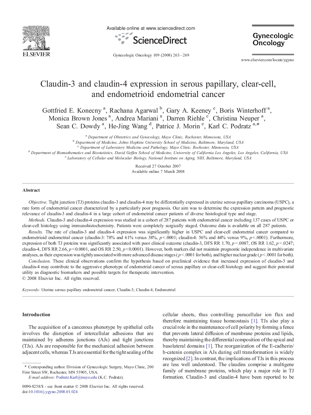 Claudin-3 and claudin-4 expression in serous papillary, clear-cell, and endometrioid endometrial cancer