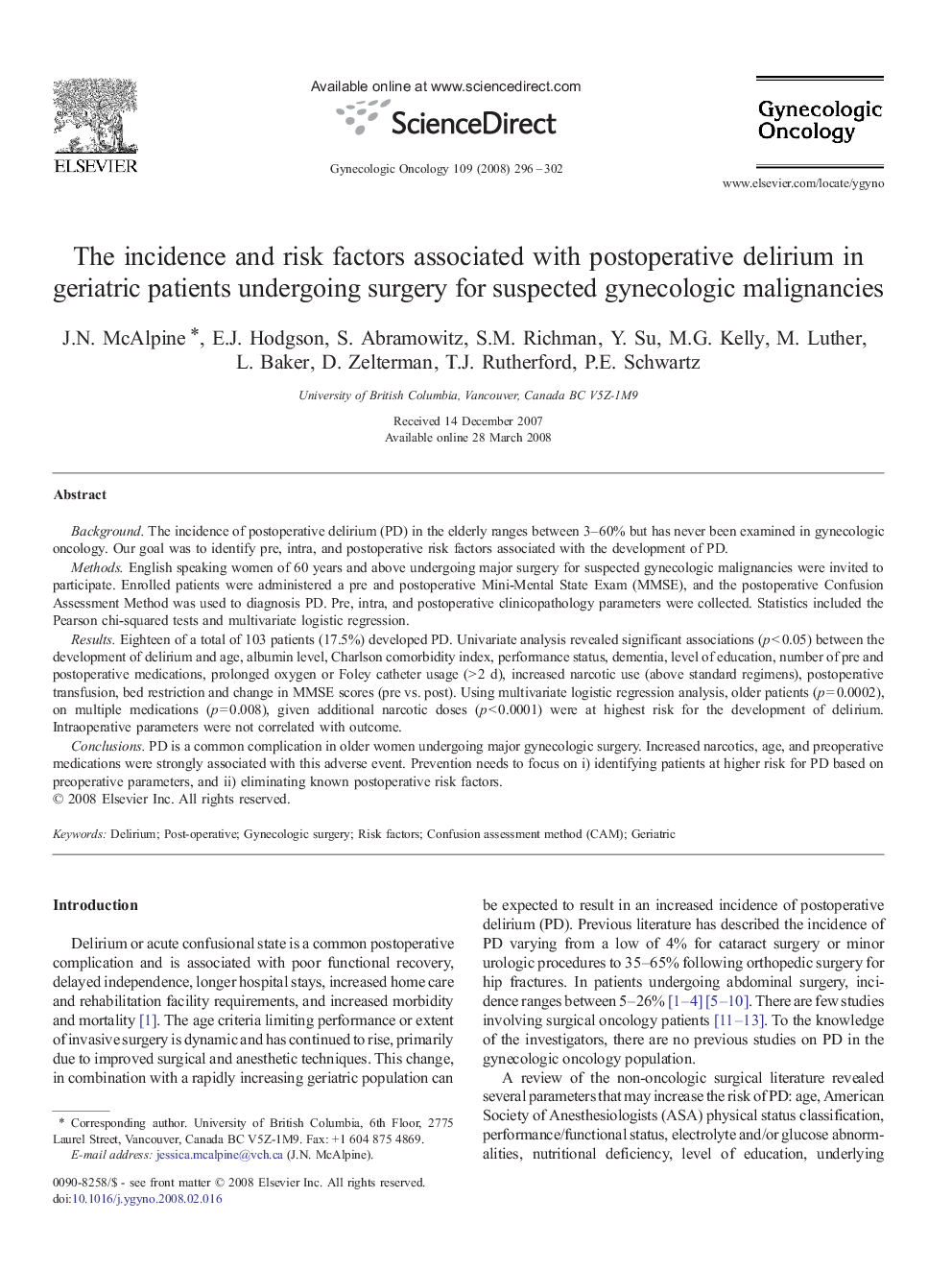 The incidence and risk factors associated with postoperative delirium in geriatric patients undergoing surgery for suspected gynecologic malignancies