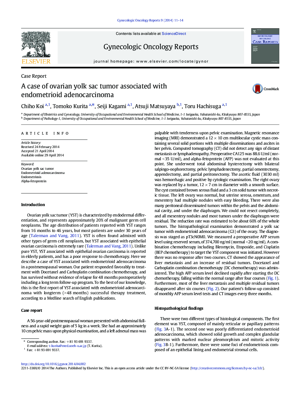 A case of ovarian yolk sac tumor associated with endometrioid adenocarcinoma