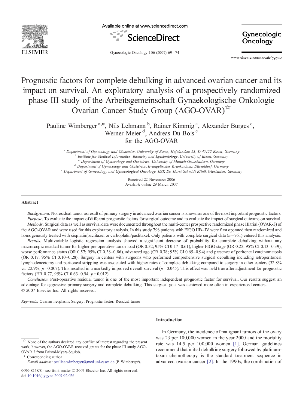 Prognostic factors for complete debulking in advanced ovarian cancer and its impact on survival. An exploratory analysis of a prospectively randomized phase III study of the Arbeitsgemeinschaft Gynaekologische Onkologie Ovarian Cancer Study Group (AGO-OVA