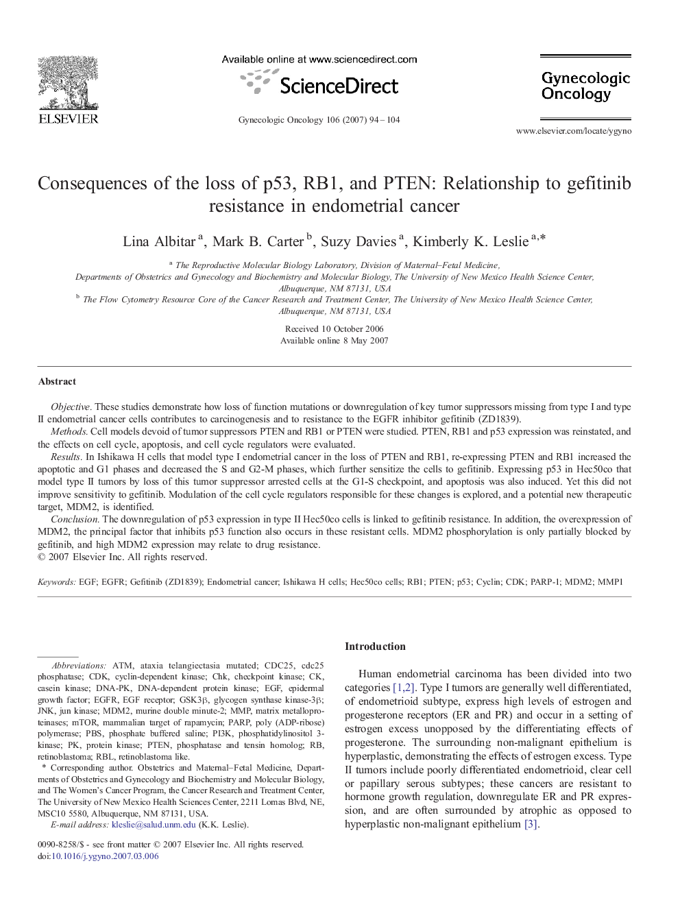 Consequences of the loss of p53, RB1, and PTEN: Relationship to gefitinib resistance in endometrial cancer