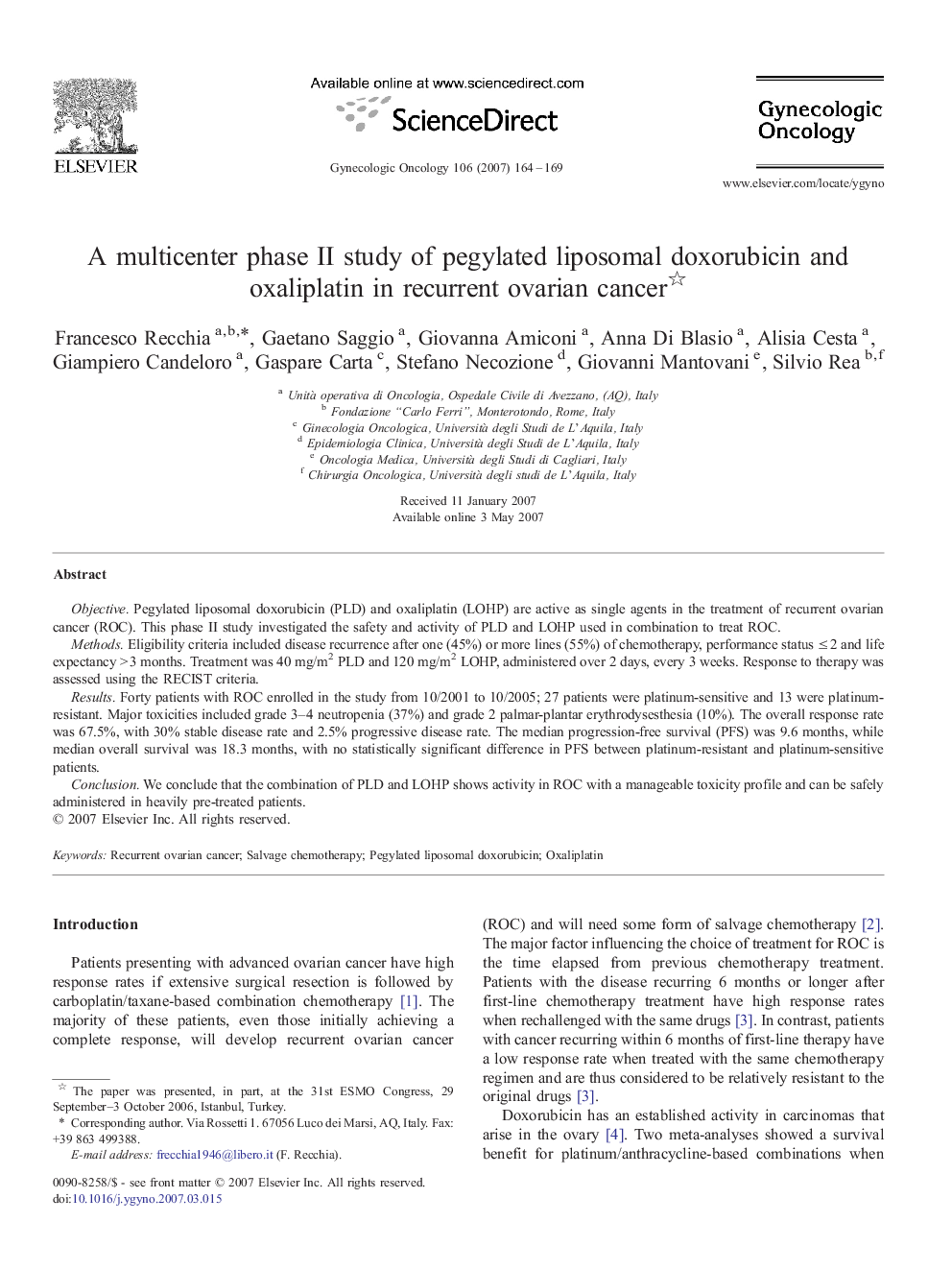 A multicenter phase II study of pegylated liposomal doxorubicin and oxaliplatin in recurrent ovarian cancer 