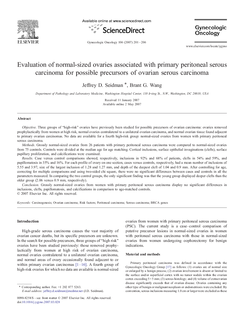 Evaluation of normal-sized ovaries associated with primary peritoneal serous carcinoma for possible precursors of ovarian serous carcinoma