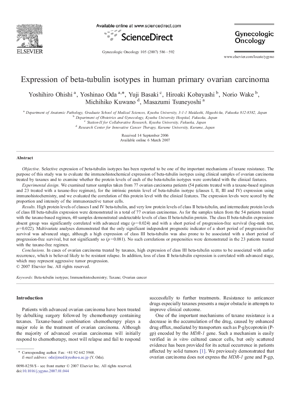 Expression of beta-tubulin isotypes in human primary ovarian carcinoma