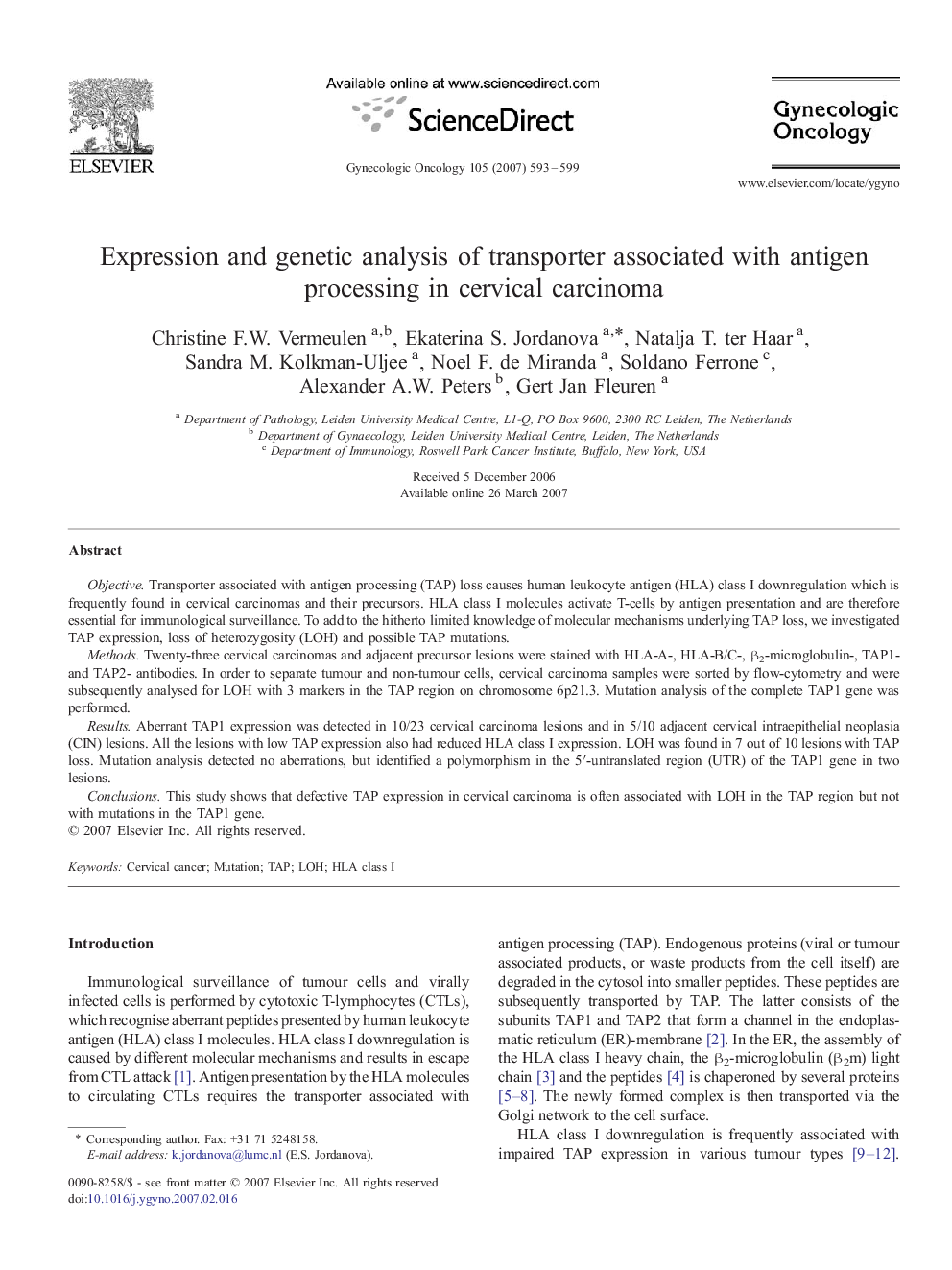 Expression and genetic analysis of transporter associated with antigen processing in cervical carcinoma