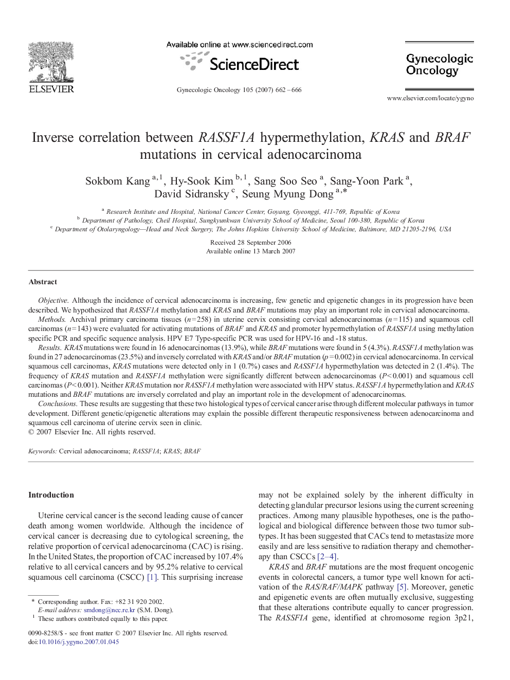 Inverse correlation between RASSF1A hypermethylation, KRAS and BRAF mutations in cervical adenocarcinoma