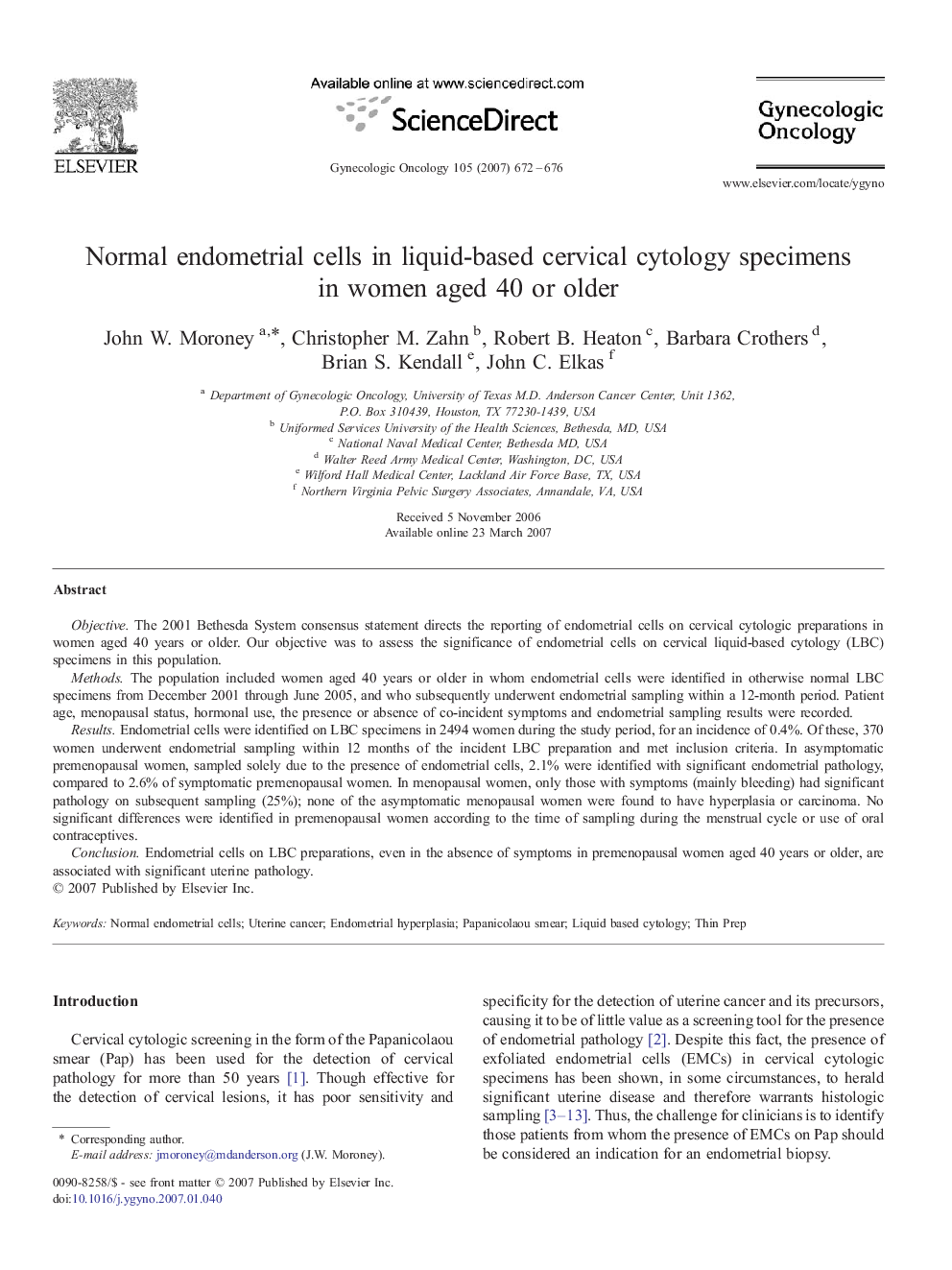 Normal endometrial cells in liquid-based cervical cytology specimens in women aged 40 or older