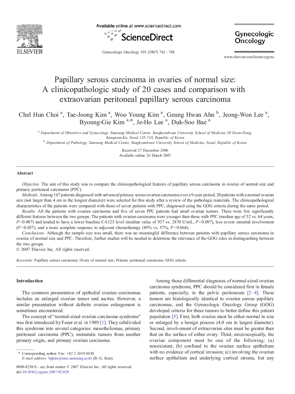 Papillary serous carcinoma in ovaries of normal size: A clinicopathologic study of 20 cases and comparison with extraovarian peritoneal papillary serous carcinoma