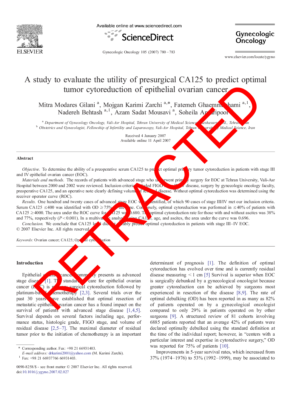 RETRACTED: A study to evaluate the utility of presurgical CA125 to predict optimal tumor cytoreduction of epithelial ovarian cancer