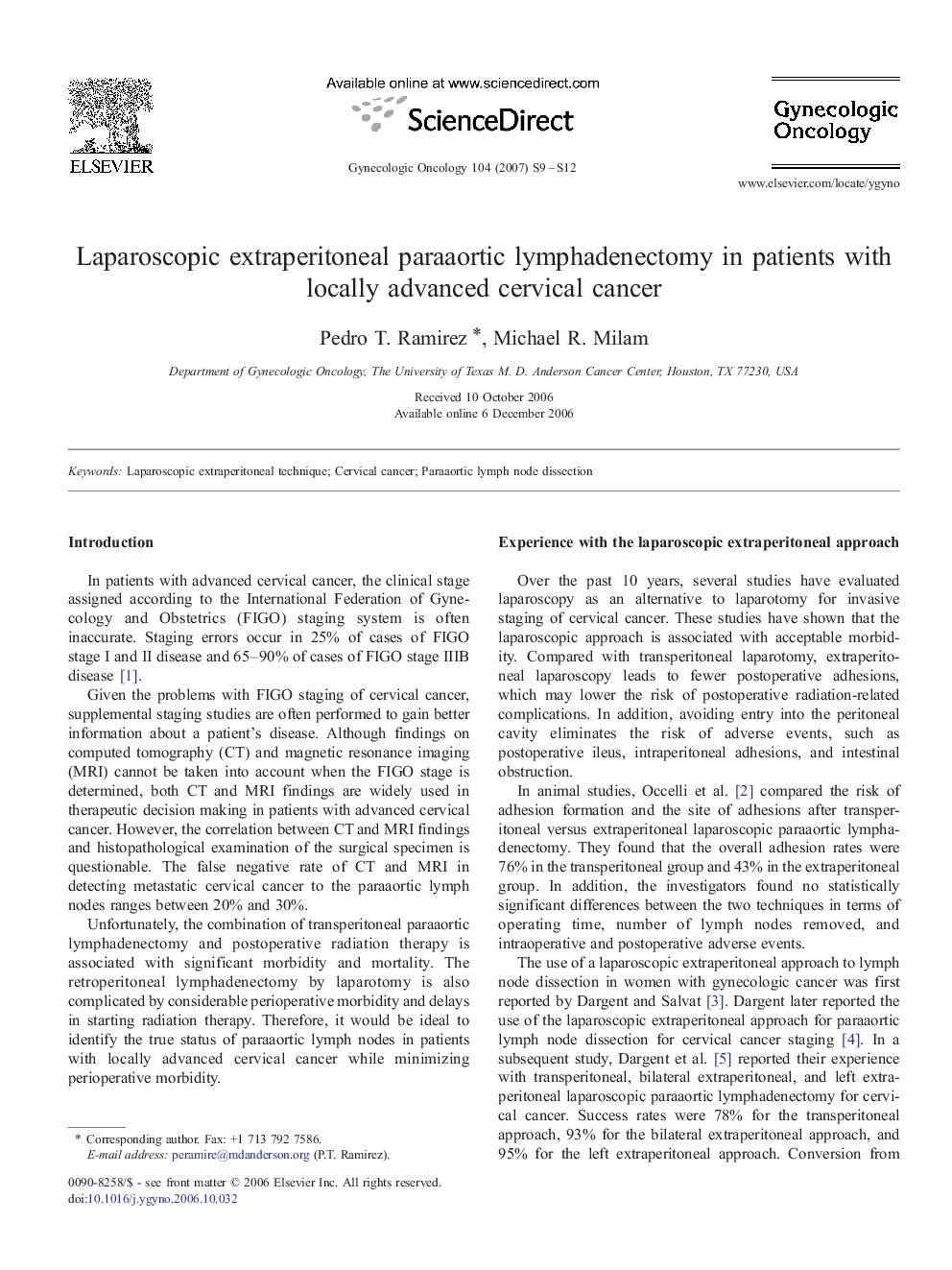 Laparoscopic extraperitoneal paraaortic lymphadenectomy in patients with locally advanced cervical cancer