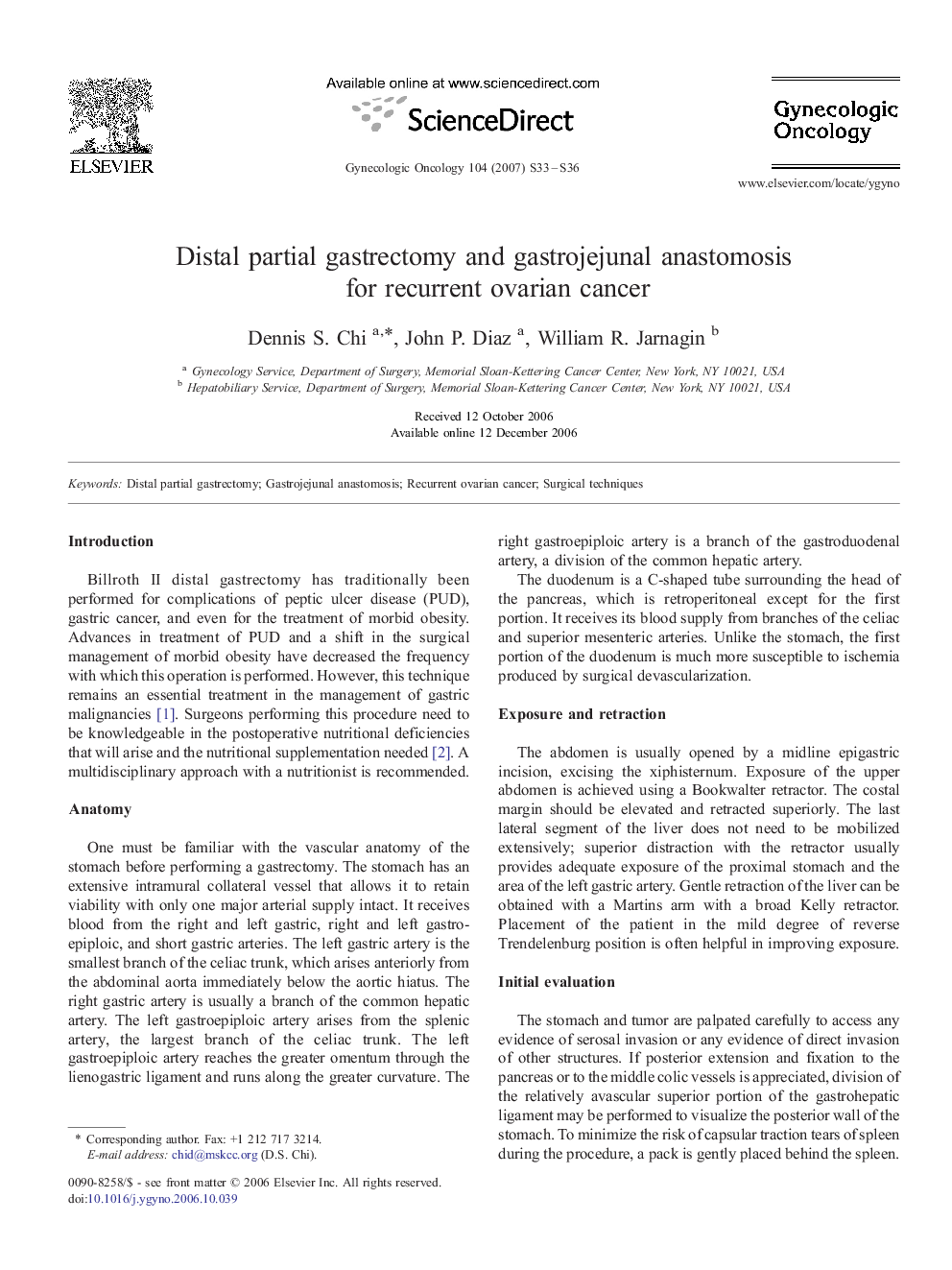 Distal partial gastrectomy and gastrojejunal anastomosis for recurrent ovarian cancer