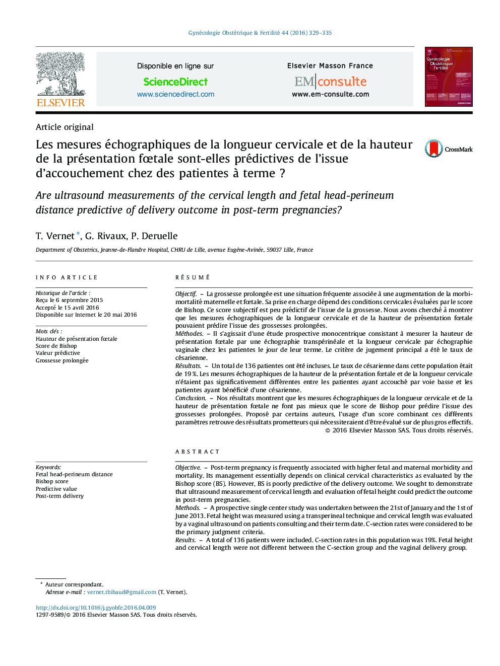 Les mesures échographiques de la longueur cervicale et de la hauteur de la présentation fœtale sont-elles prédictives de l’issue d’accouchement chez des patientes à terme ?