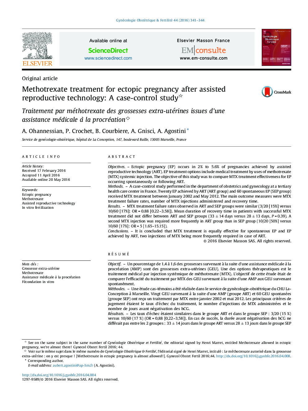 Methotrexate treatment for ectopic pregnancy after assisted reproductive technology: A case-control study ◊