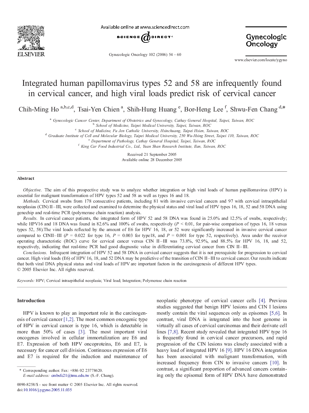 Integrated human papillomavirus types 52 and 58 are infrequently found in cervical cancer, and high viral loads predict risk of cervical cancer