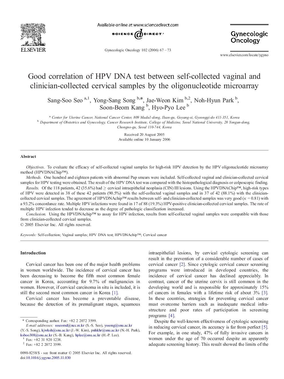 Good correlation of HPV DNA test between self-collected vaginal and clinician-collected cervical samples by the oligonucleotide microarray