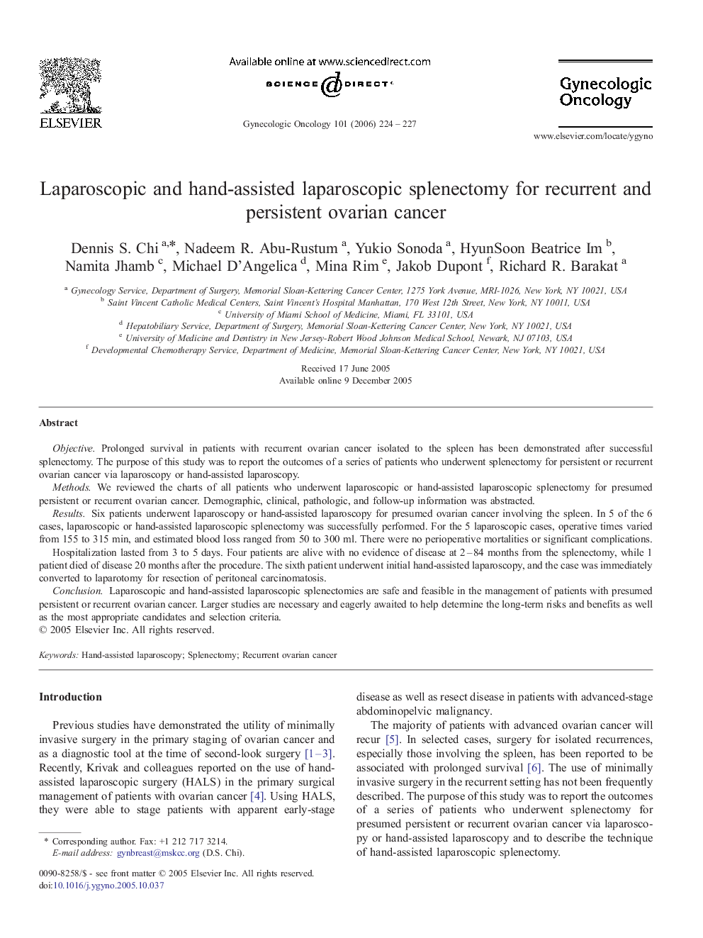 Laparoscopic and hand-assisted laparoscopic splenectomy for recurrent and persistent ovarian cancer