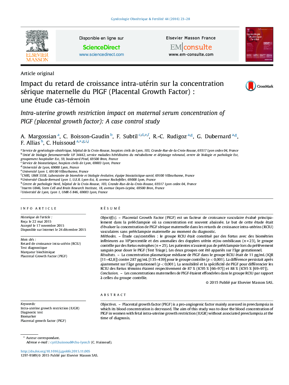 Impact du retard de croissance intra-utérin sur la concentration sérique maternelle du PlGF (Placental Growth Factor) : une étude cas-témoin