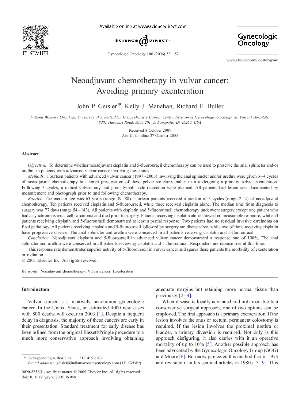 Neoadjuvant chemotherapy in vulvar cancer: Avoiding primary exenteration