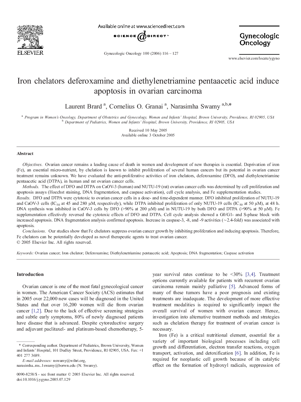 Iron chelators deferoxamine and diethylenetriamine pentaacetic acid induce apoptosis in ovarian carcinoma