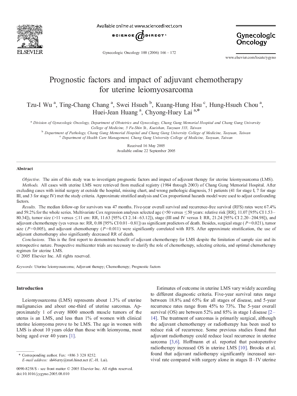 Prognostic factors and impact of adjuvant chemotherapy for uterine leiomyosarcoma