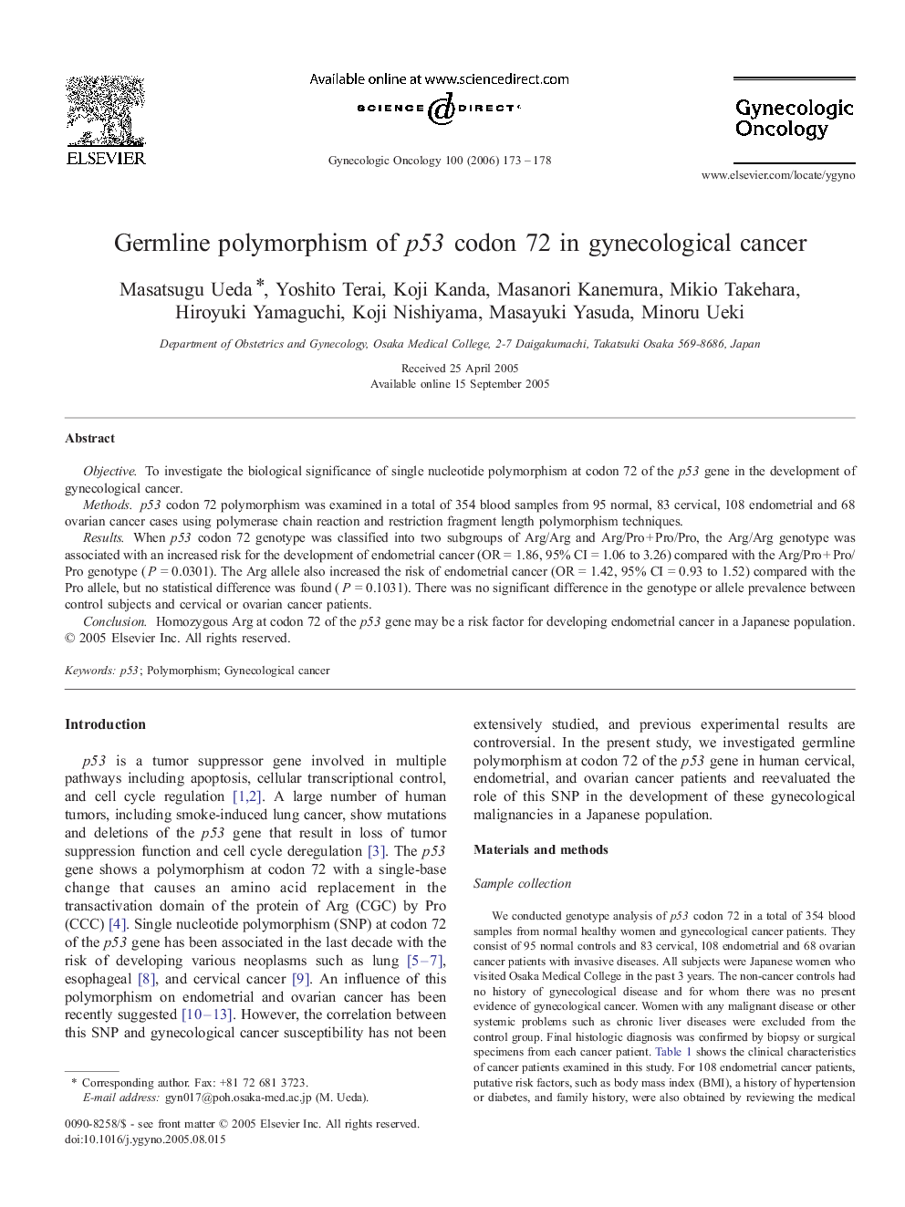 Germline polymorphism of p53 codon 72 in gynecological cancer