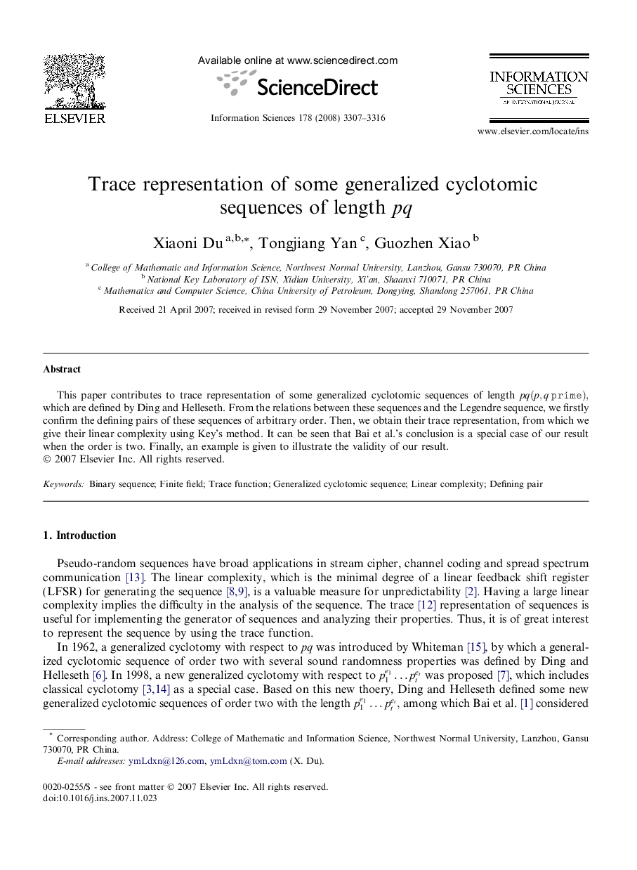 عکس صفحه اول مقاله: Trace representation of some generalized cyclotomic sequences of length pq Trace representation of some generalized cyclotomic sequences of length pq