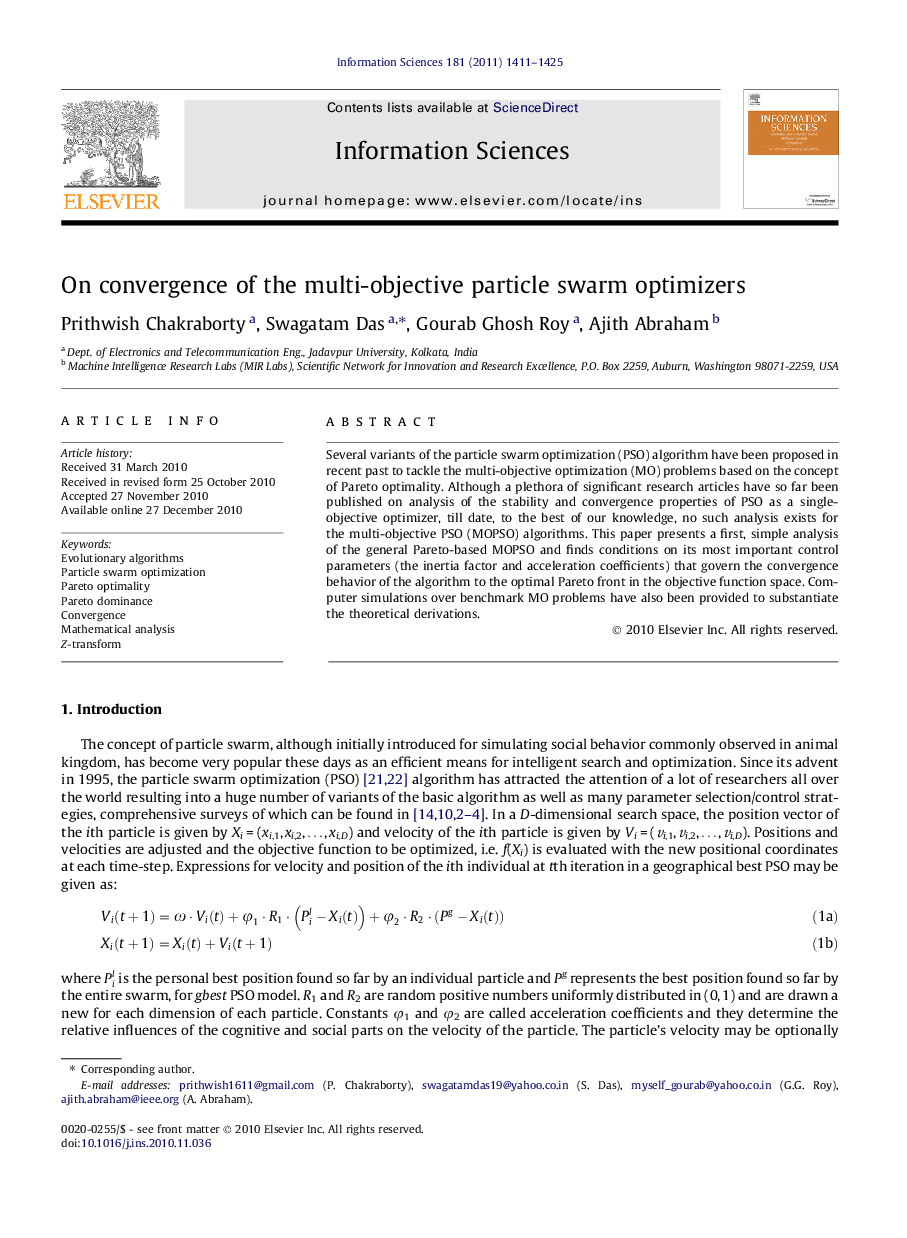 On convergence of the multi-objective particle swarm optimizers