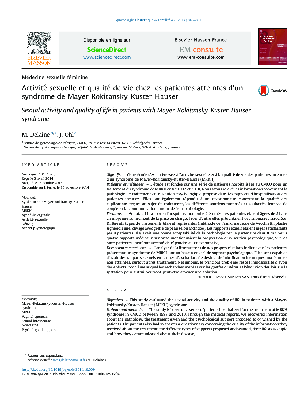 Activité sexuelle et qualité de vie chez les patientes atteintes d’un syndrome de Mayer-Rokitansky-Kuster-Hauser