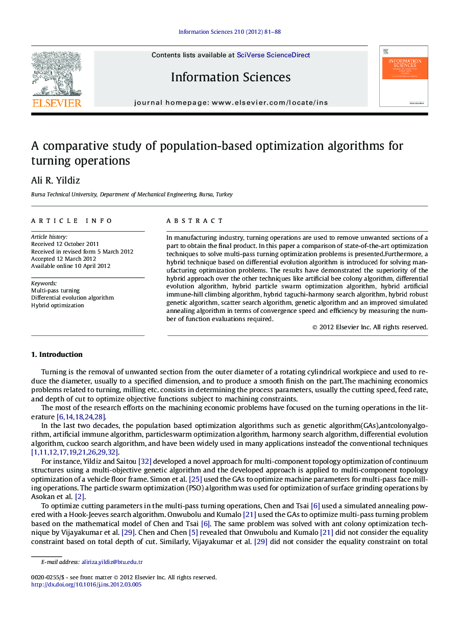 A comparative study of population-based optimization algorithms for turning operations