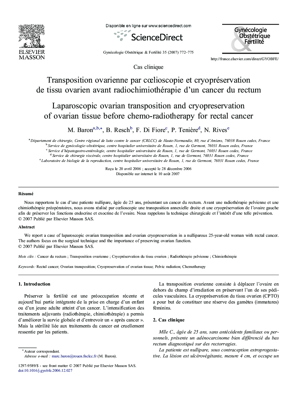 Transposition ovarienne par cœlioscopie et cryopréservation de tissu ovarien avant radiochimiothérapie d'un cancer du rectum