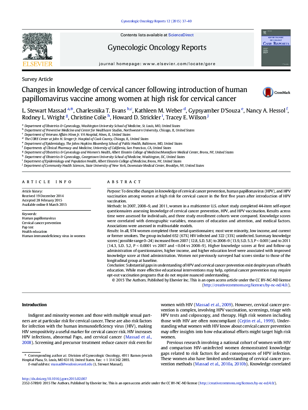 Changes in knowledge of cervical cancer following introduction of human papillomavirus vaccine among women at high risk for cervical cancer