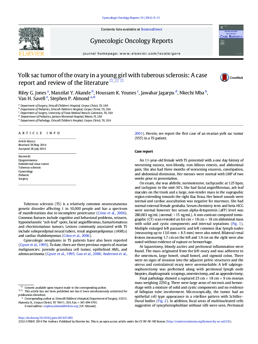 Yolk sac tumor of the ovary in a young girl with tuberous sclerosis: A case report and review of the literature 