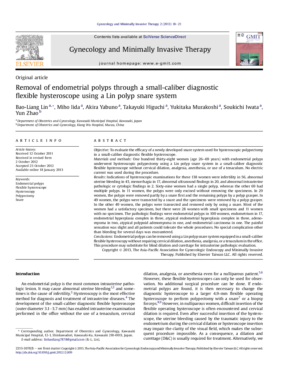 Removal of endometrial polyps through a small-caliber diagnostic flexible hysteroscope using a Lin polyp snare system