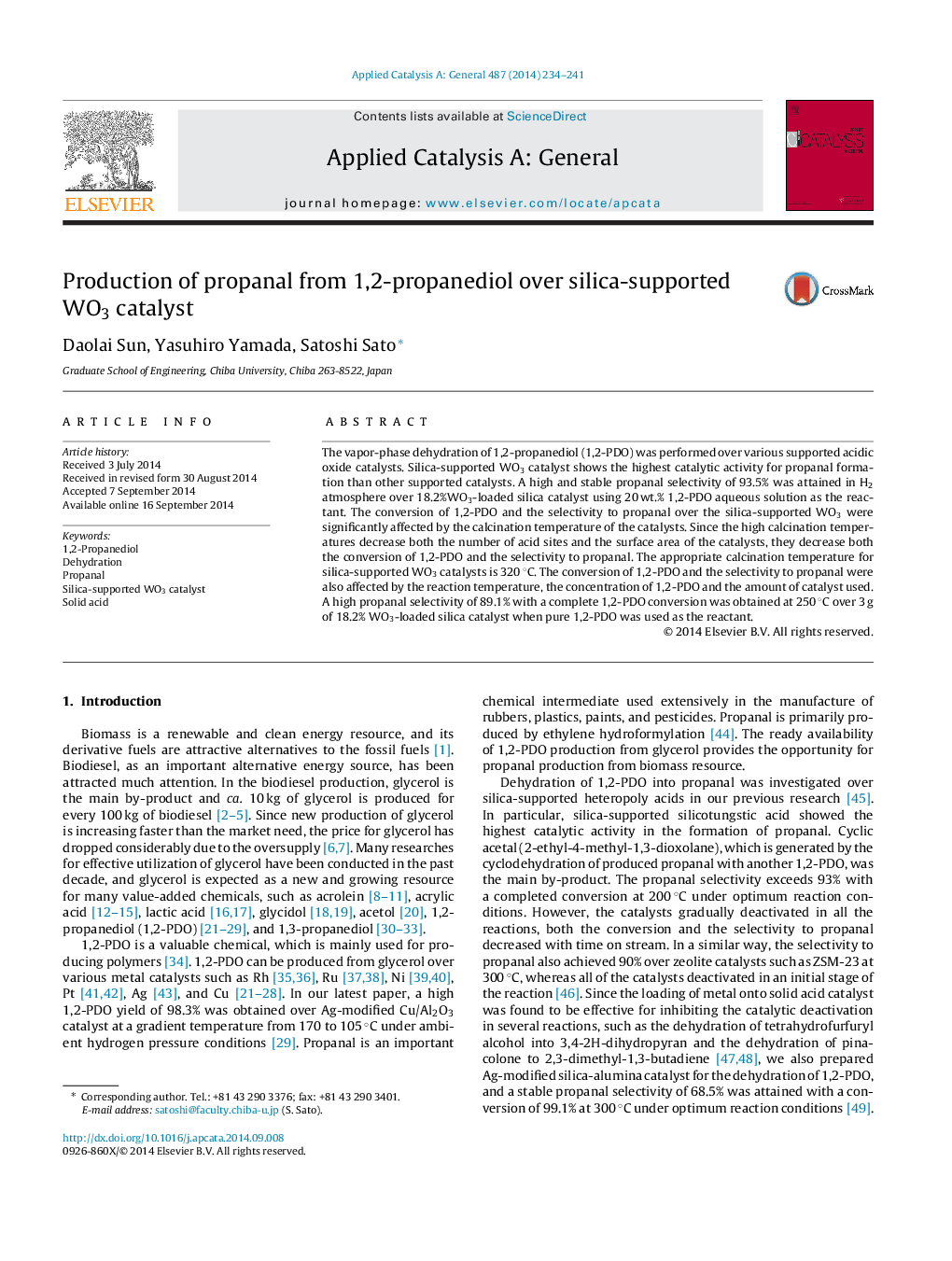 Production of propanal from 1,2-propanediol over silica-supported WO3 catalyst