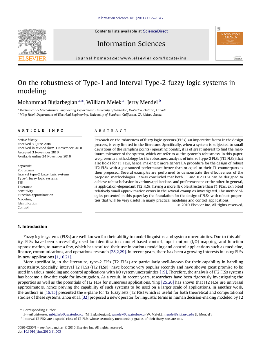 عکس صفحه اول مقاله: On the robustness of Type-1 and Interval Type-2 fuzzy logic systems in modeling On the robustness of Type-1 and Interval Type-2 fuzzy logic systems in modeling