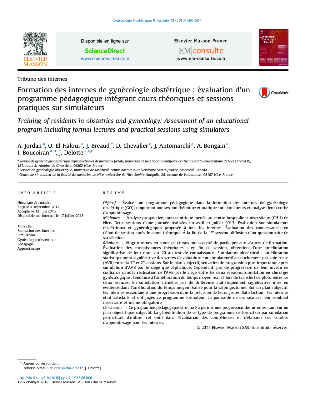 Formation des internes de gynécologie obstétrique : évaluation d’un programme pédagogique intégrant cours théoriques et sessions pratiques sur simulateurs