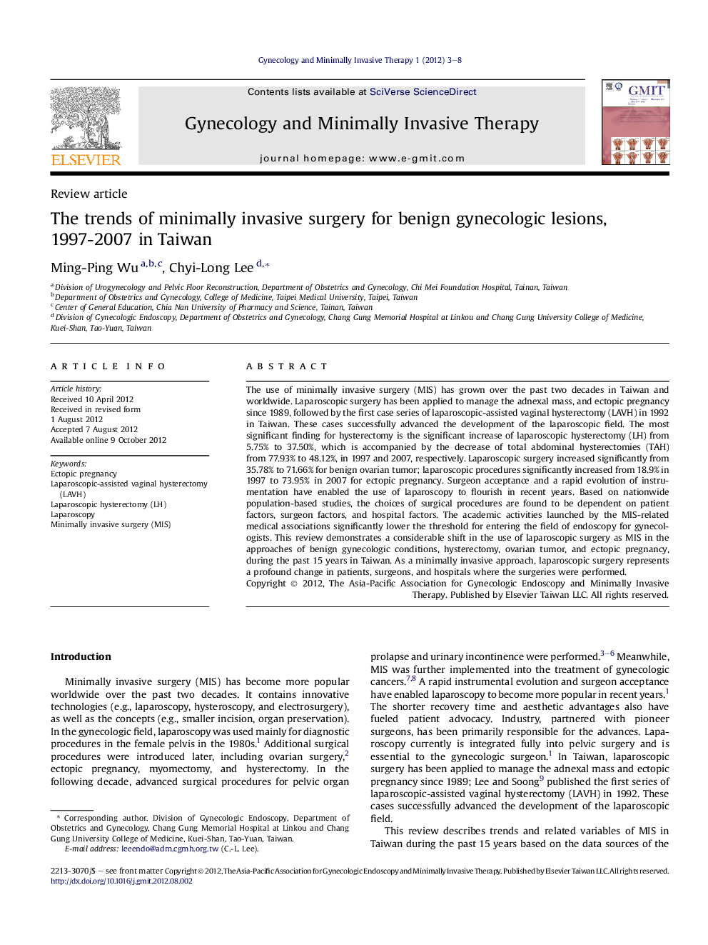 The trends of minimally invasive surgery for benign gynecologic lesions, 1997-2007 in Taiwan