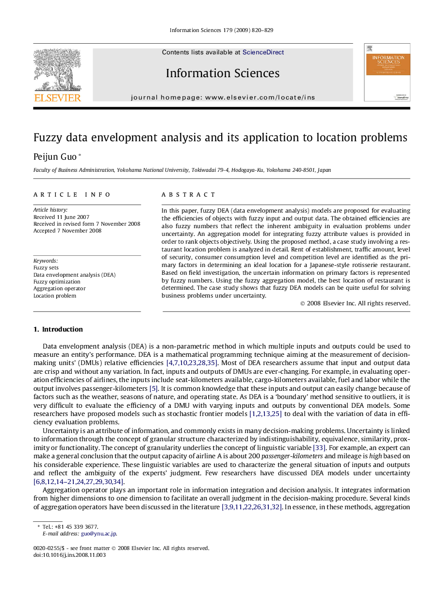 Fuzzy data envelopment analysis and its application to location problems