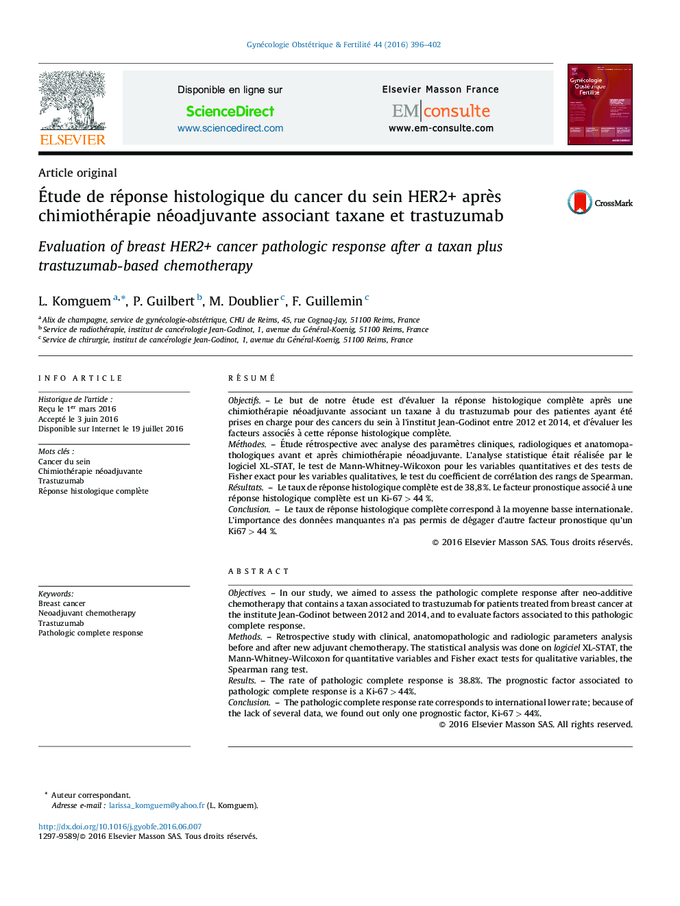 Étude de réponse histologique du cancer du sein HER2+ après chimiothérapie néoadjuvante associant taxane et trastuzumab