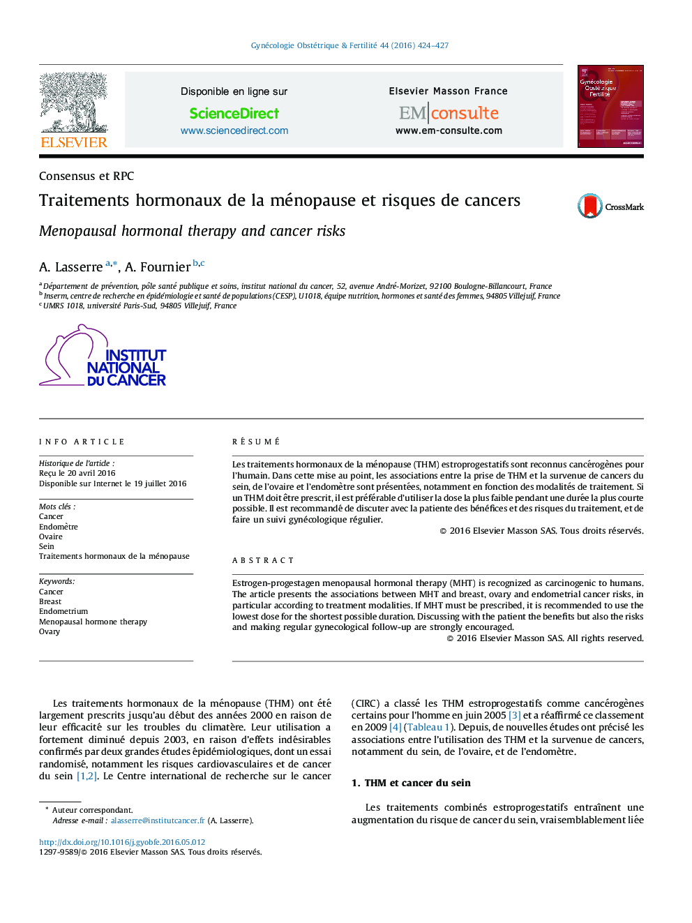 Traitements hormonaux de la ménopause et risques de cancers