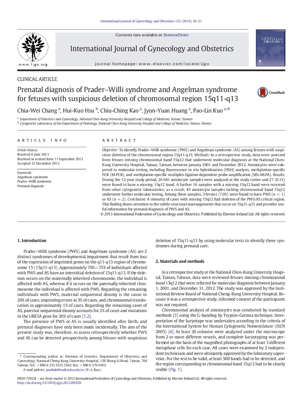 Prenatal diagnosis of Prader–Willi syndrome and Angelman syndrome for fetuses with suspicious deletion of chromosomal region 15q11-q13