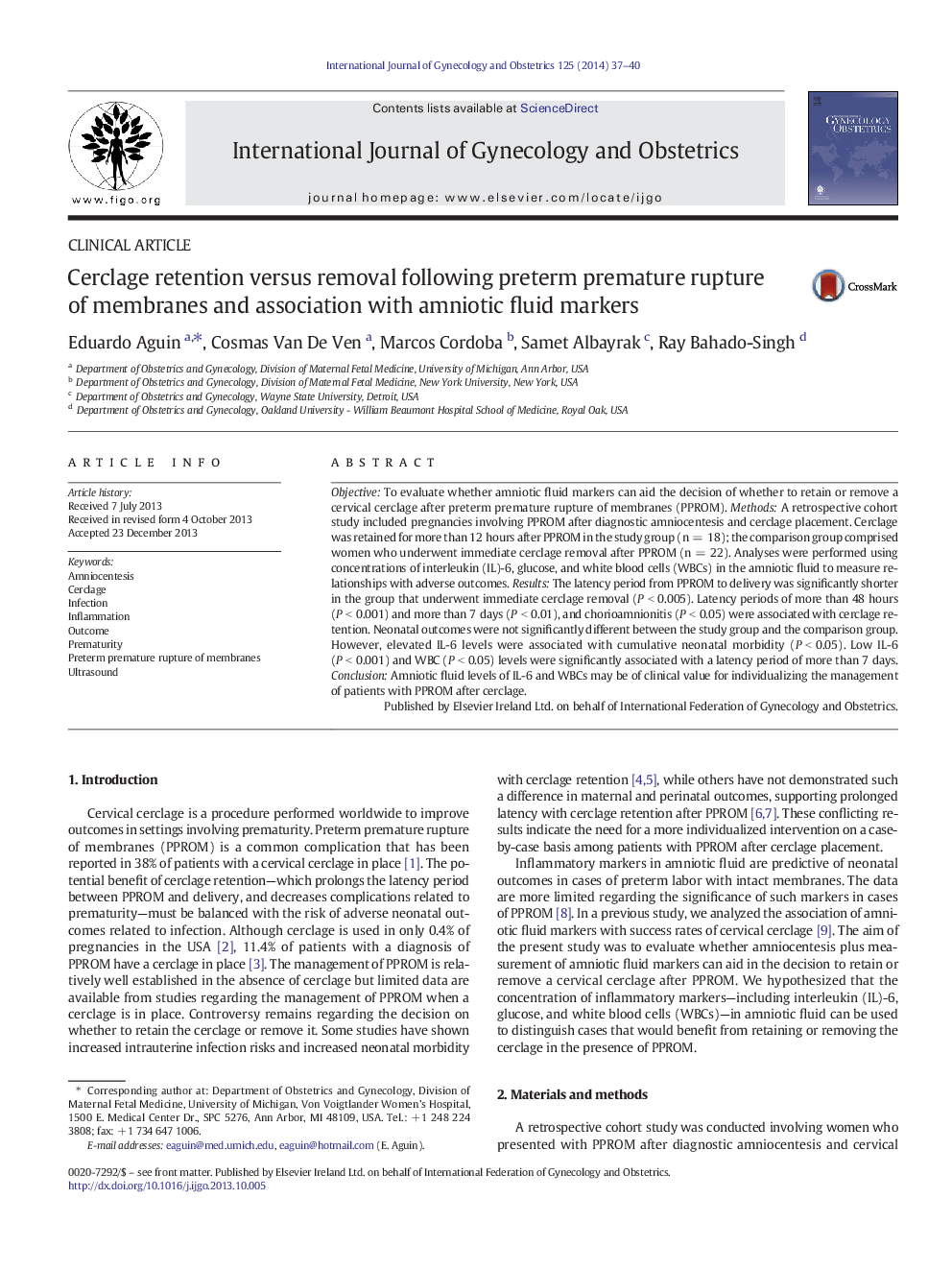 Cerclage retention versus removal following preterm premature rupture of membranes and association with amniotic fluid markers