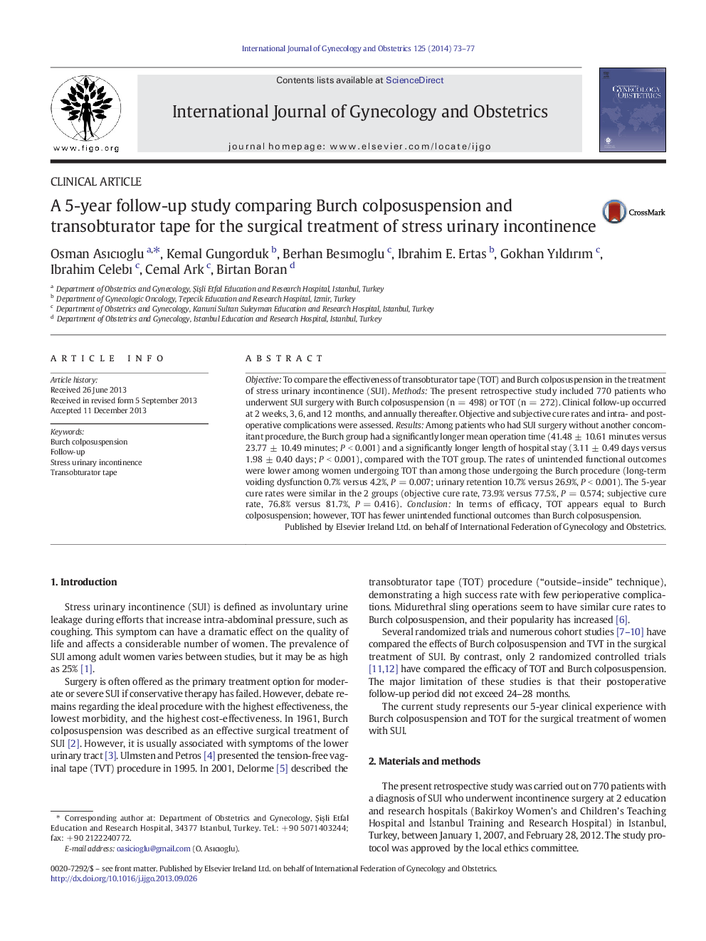 A 5-year follow-up study comparing Burch colposuspension and transobturator tape for the surgical treatment of stress urinary incontinence