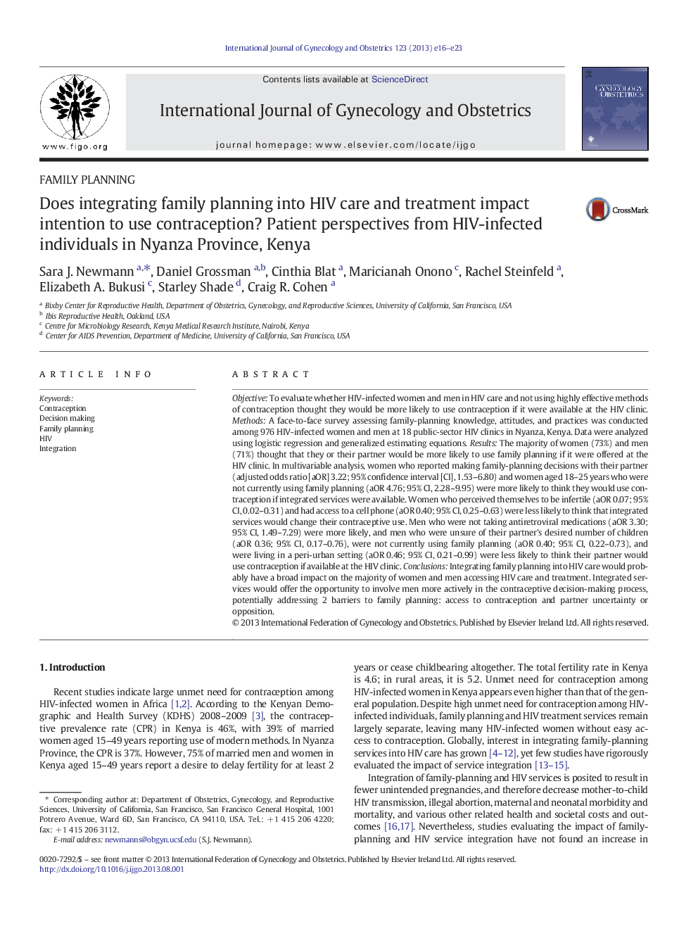 Does integrating family planning into HIV care and treatment impact intention to use contraception? Patient perspectives from HIV-infected individuals in Nyanza Province, Kenya